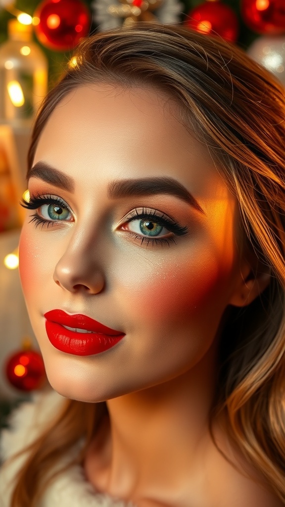 A close-up of a festive makeup look for Christmas with glowing skin, sparkling eyes, and a bold red lip.